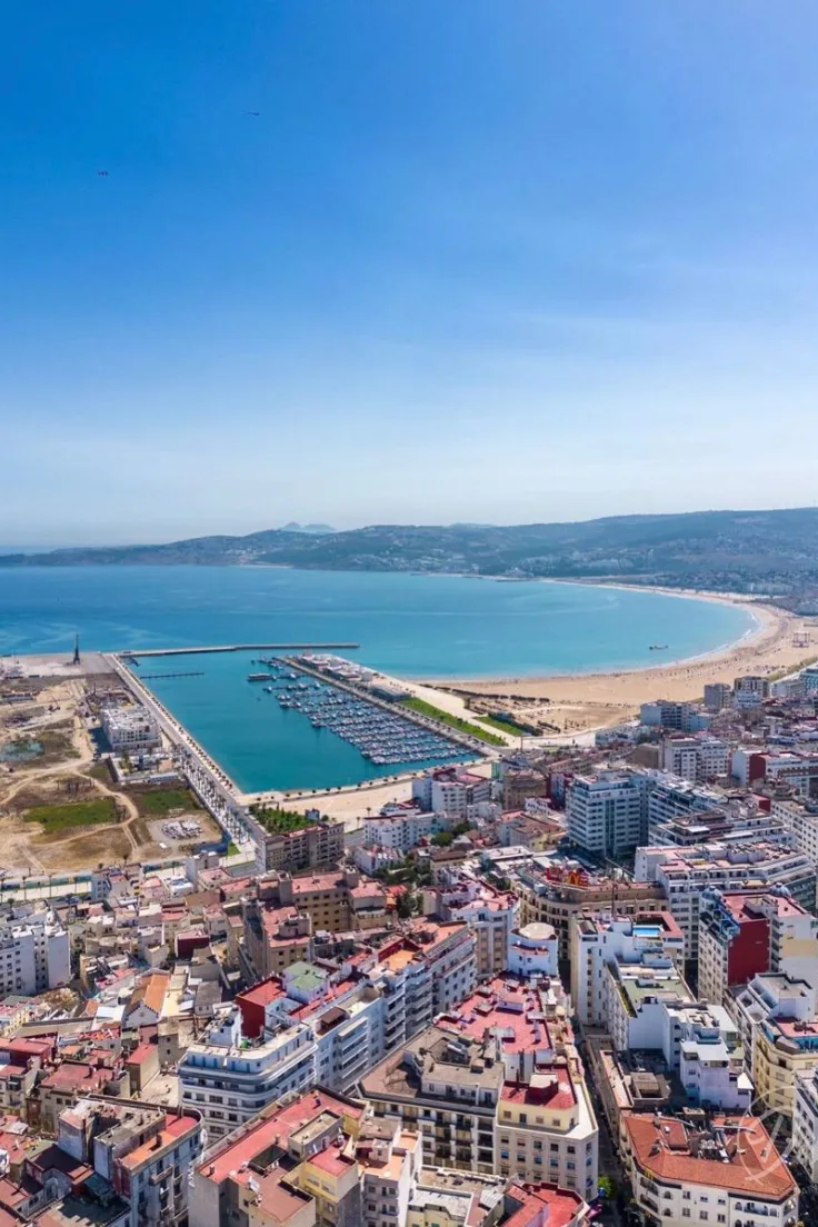 Aerial view of Tangier bay with the marina and sandy beach