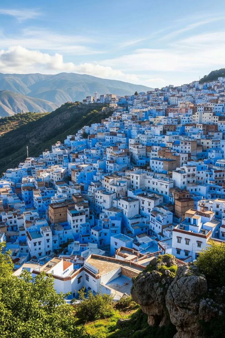 Aerial view of the blue houses of Chefchaouen