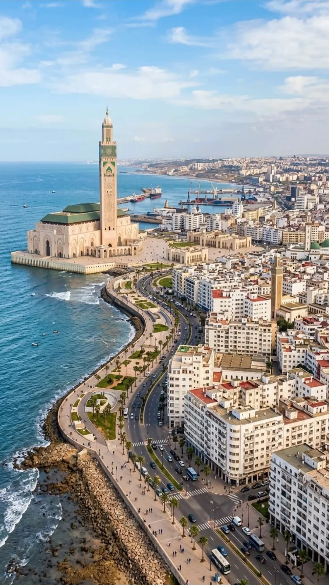 Aerial view of the Casablanca coastline with the Hassan II Mosque