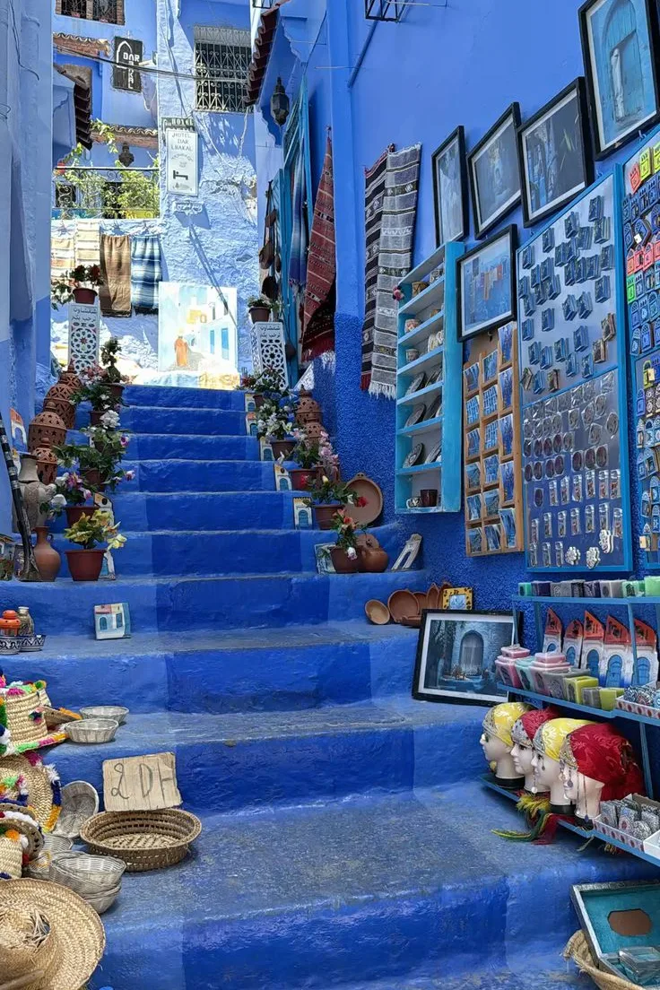 Blue-painted stairway with potted plants and a souvenir shop in Chefchaouen
