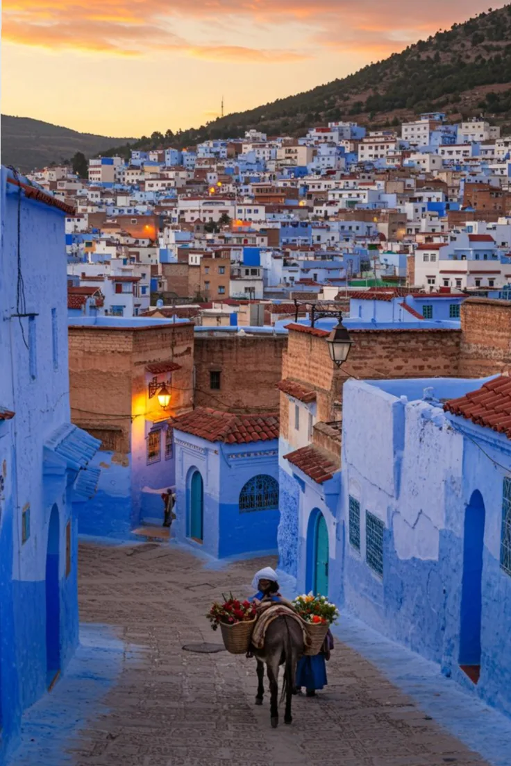 Blue-washed houses and a lit lantern at dusk in Chefchaouen