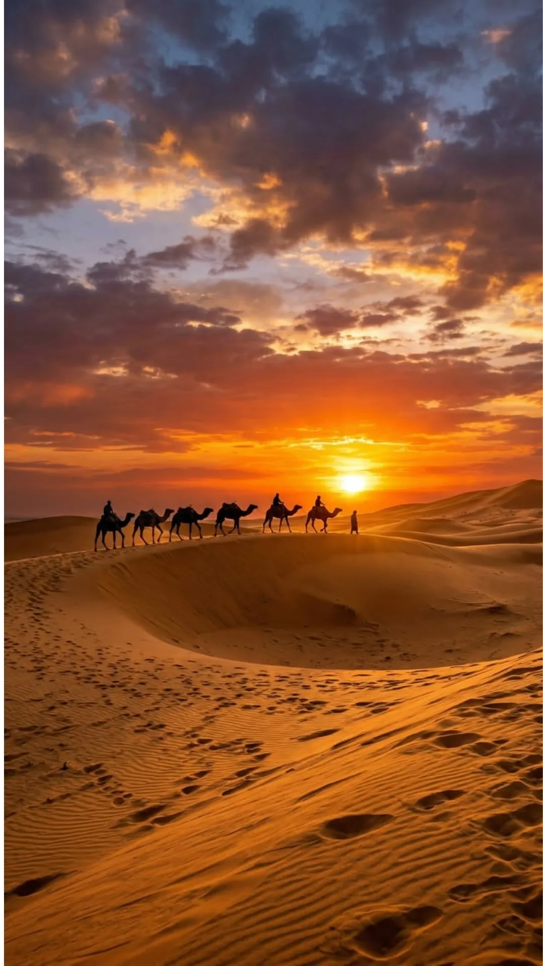 Camel caravan silhouetted against the sunset in the Sahara dunes near Merzouga