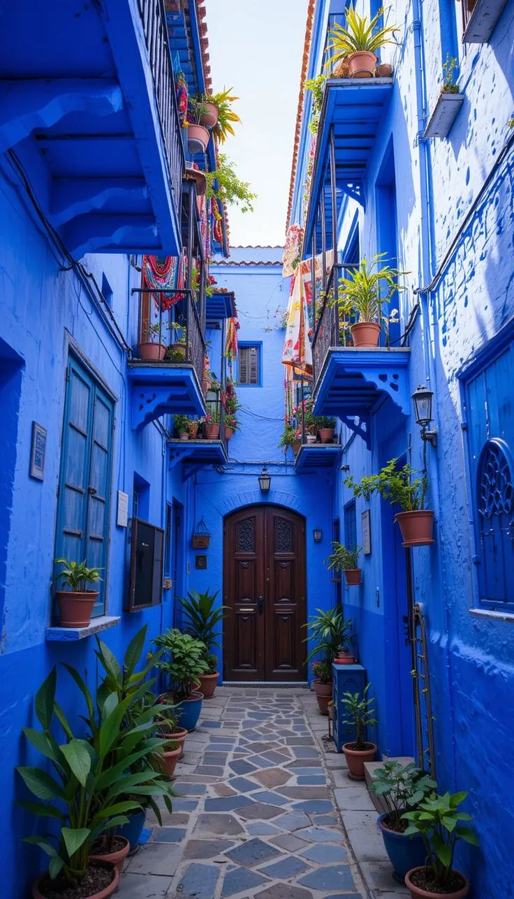 Blue-painted alley with potted plants in Chefchaouen