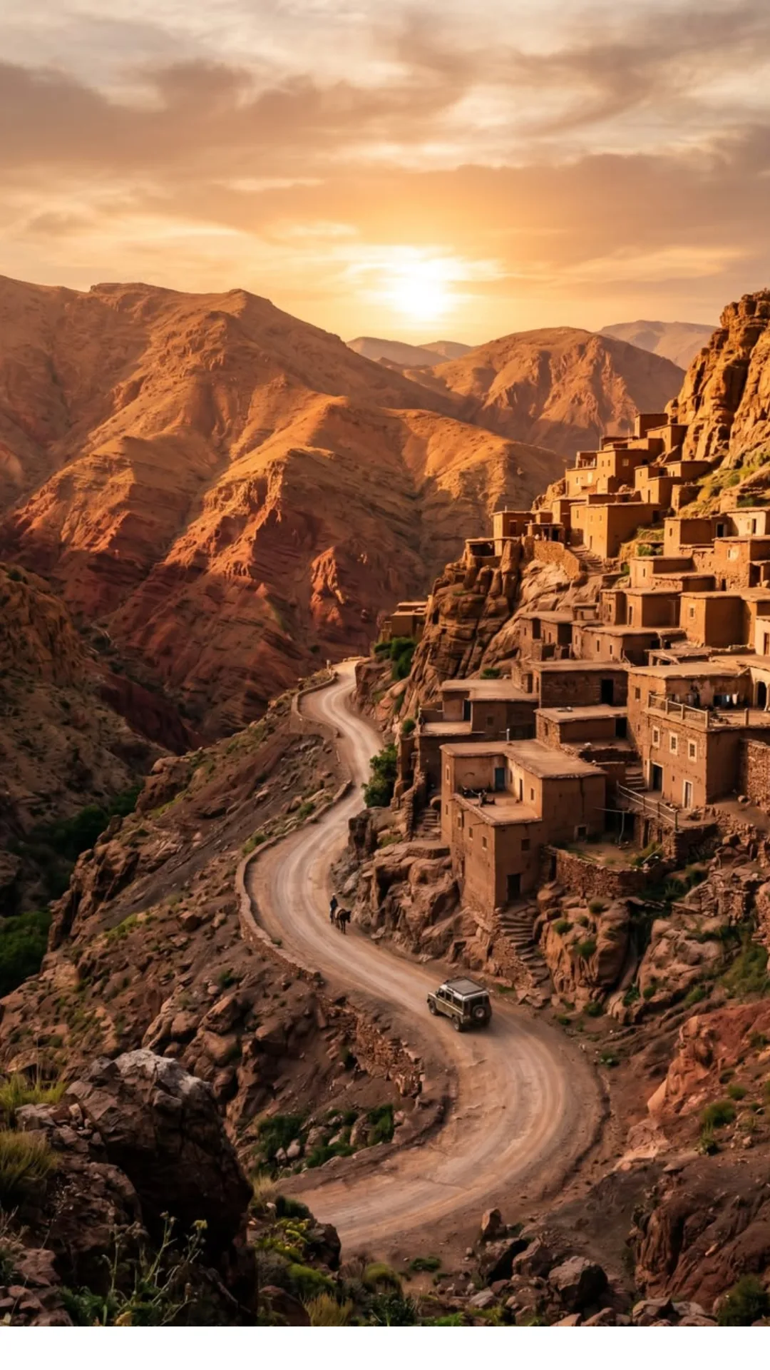 Clay village above a winding mountain road in the High Atlas, Morocco