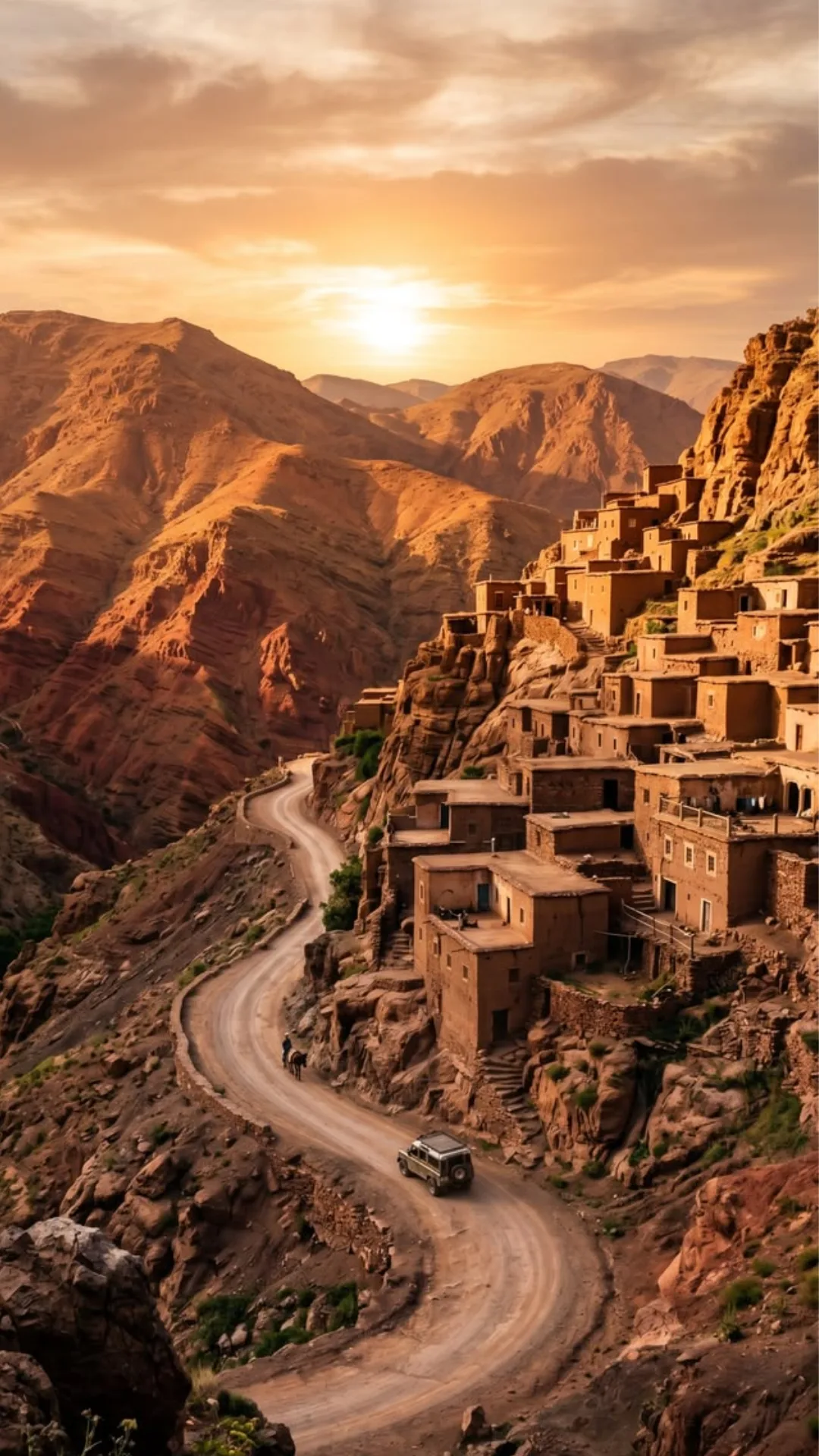 Clay village on a High Atlas cliff above a winding mountain road, Morocco