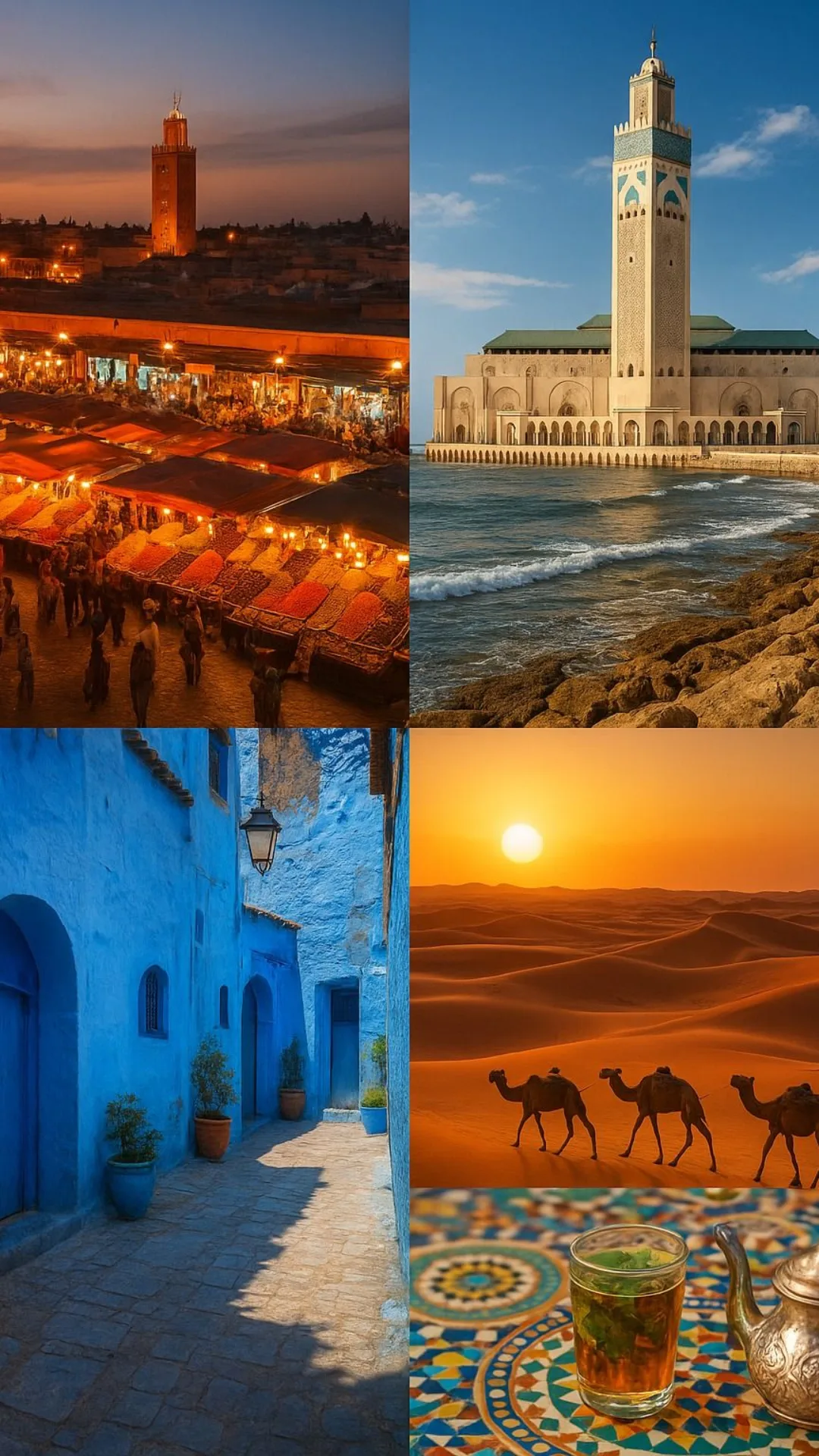 Collage of Morocco scenes: spice market, Atlantic coast, a blue Chefchaouen alley and a desert sunset