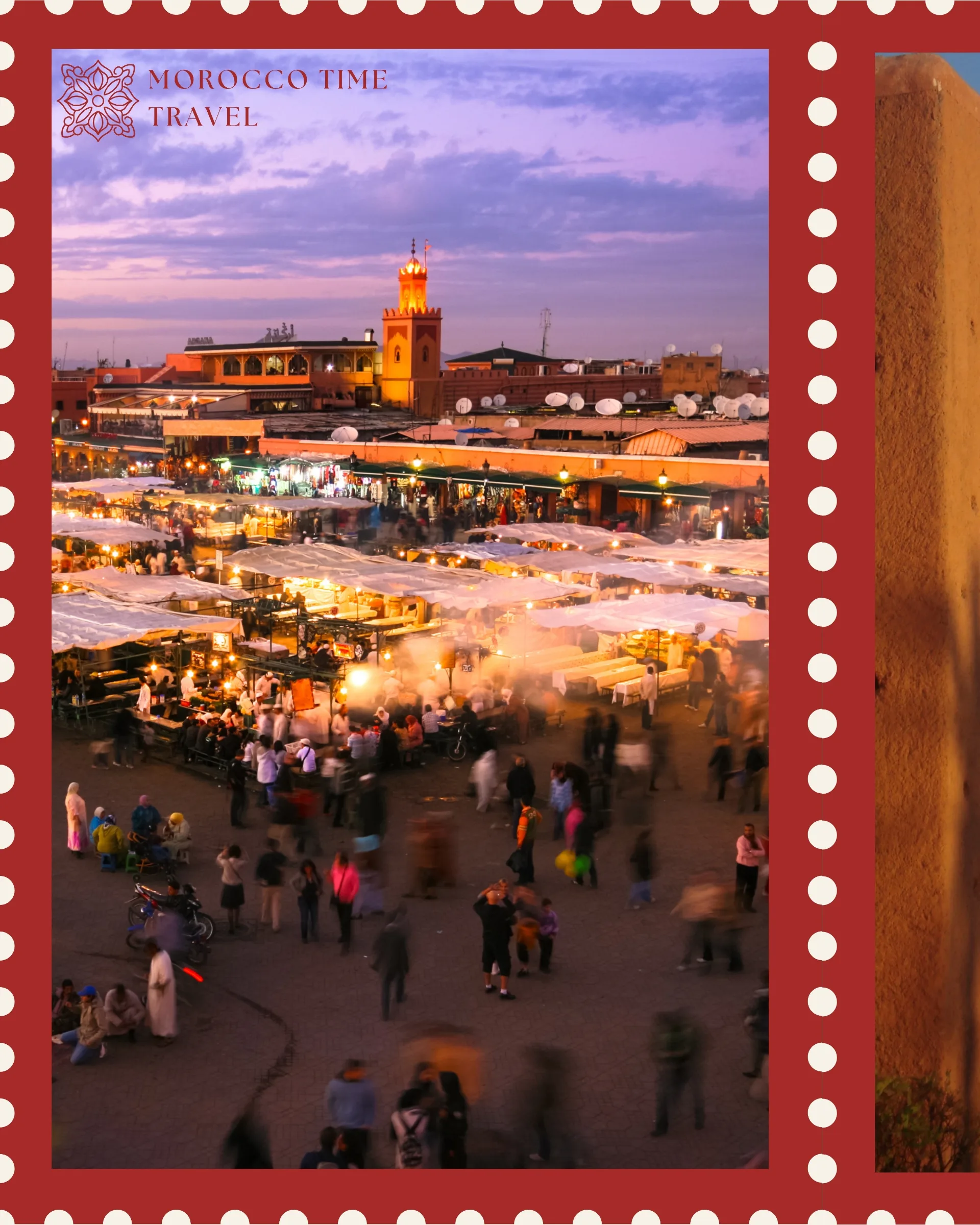 Crowded night market with lit food stalls in Marrakech Jemaa el-Fna square