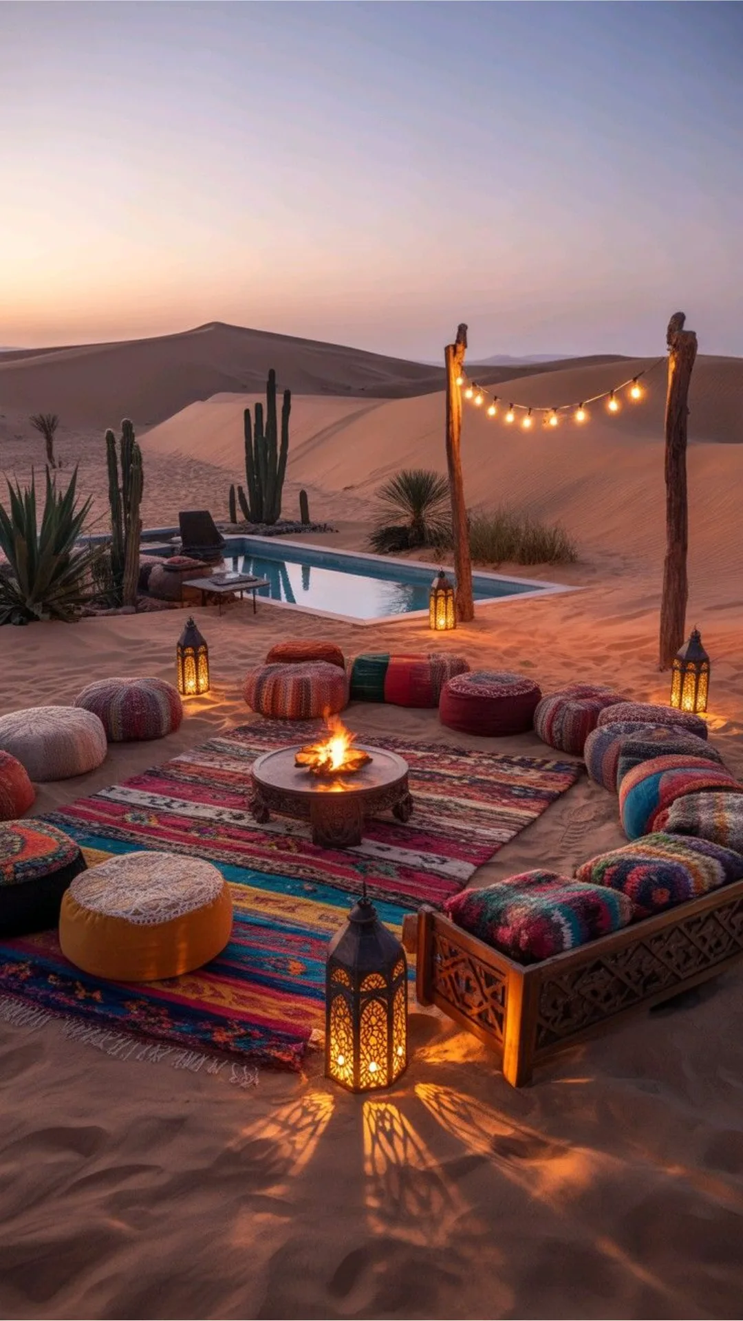 Desert camp lounge with a fire pit, cushions and a pool in the Moroccan Sahara