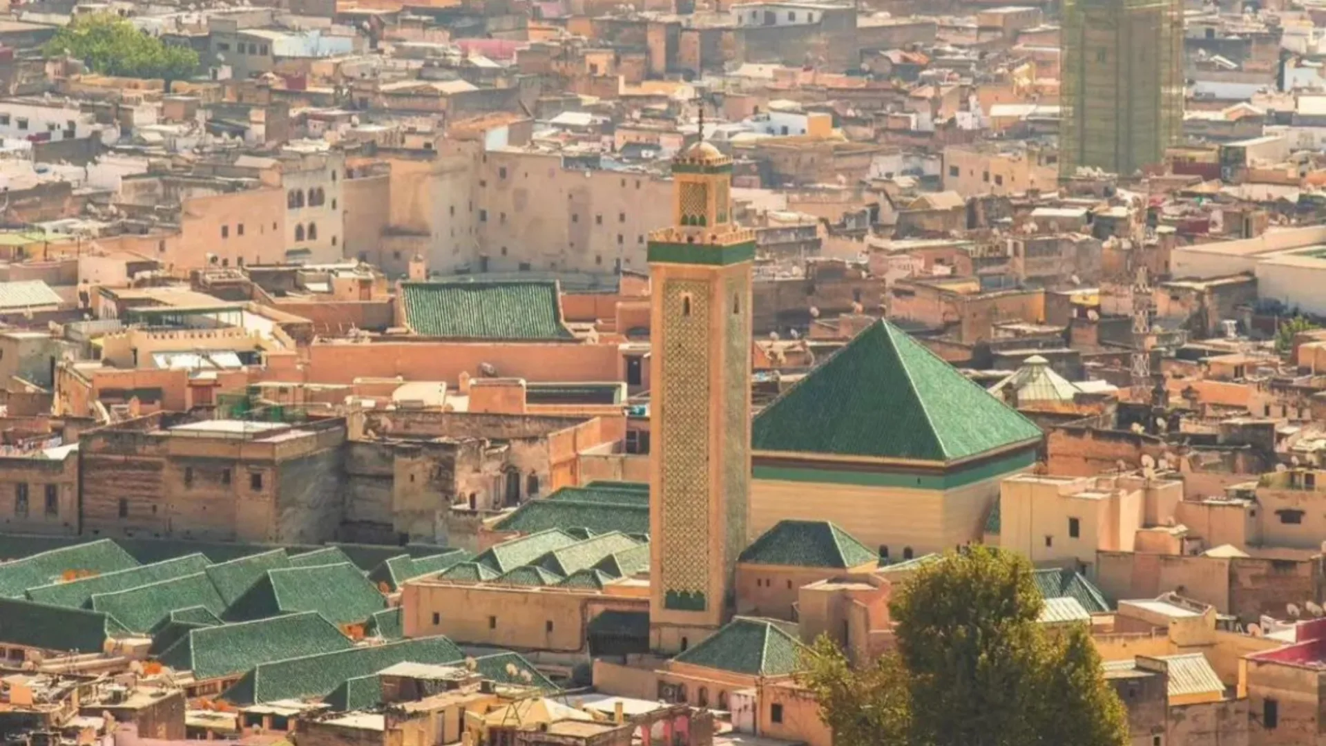 Fes medina rooftops with a minaret and green-tiled roof