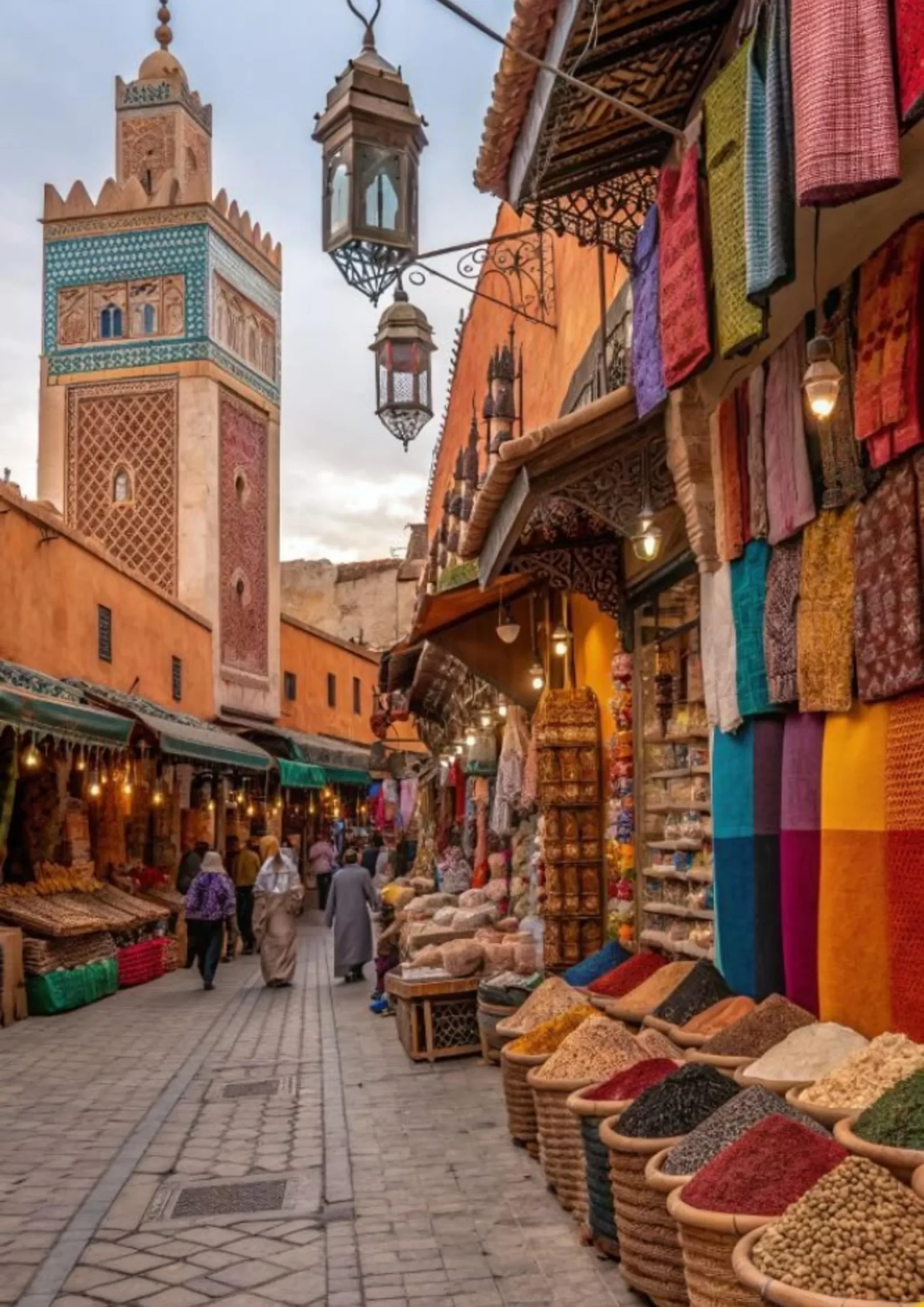 Fes medina souk stall with colorful fabrics and leather goods
