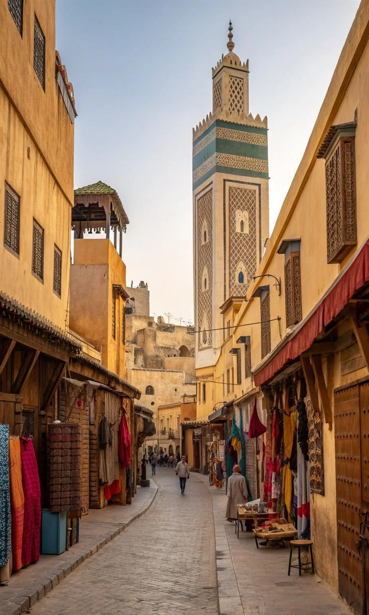 Narrow street in the Fes medina with colorful textiles and a green-tiled minaret rising above the old town, the starting point of the Fes to Marrakech desert tour