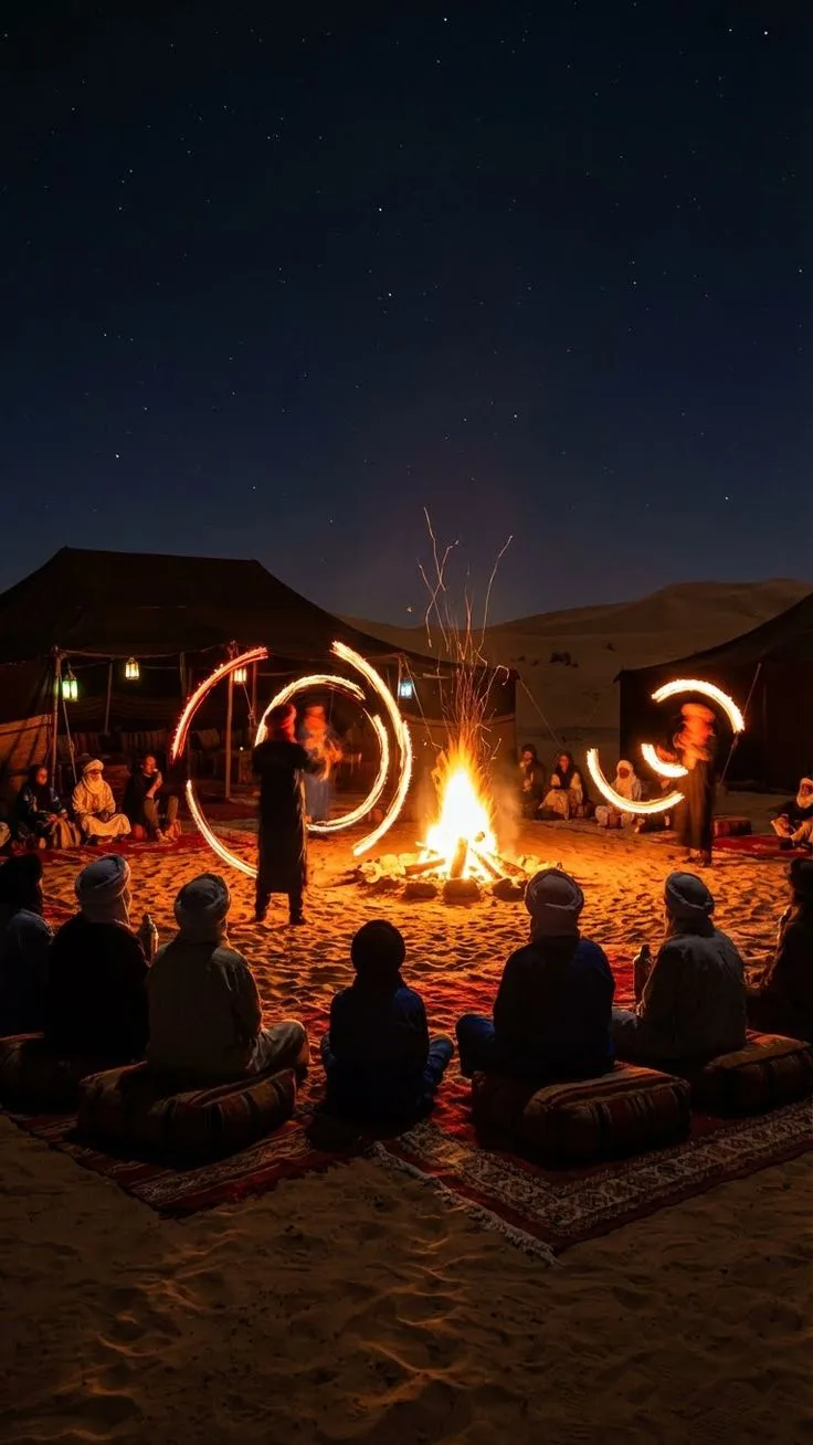 Fire dancers performing around a campfire at a desert camp in Merzouga, Morocco