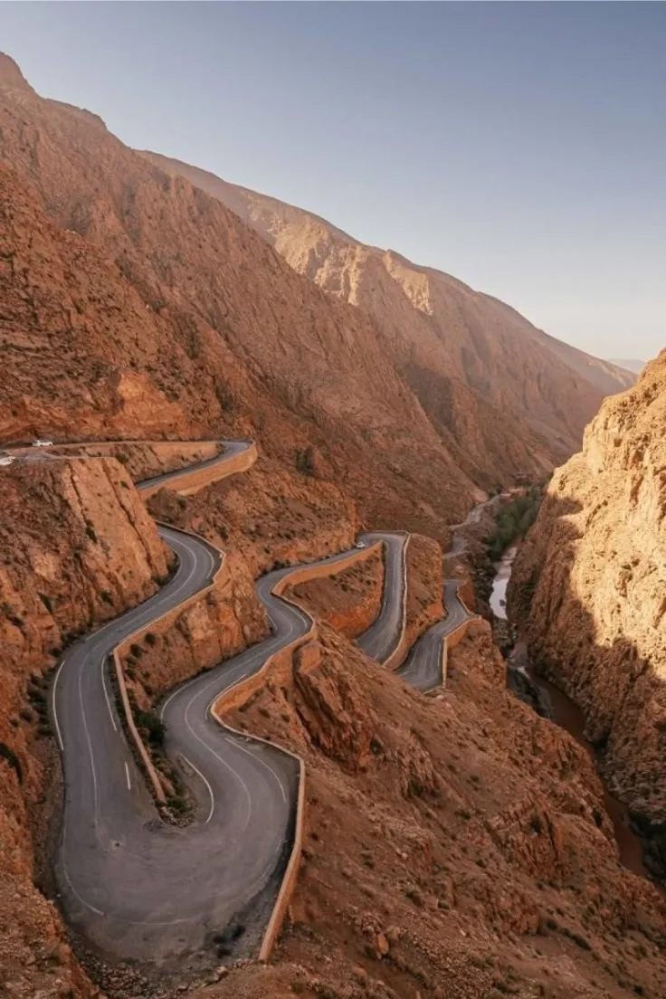 Tizi n'Tichka pass viewpoint in the High Atlas Mountains Hairpin mountain road through a red rock canyon in the High Atlas Mountains of Morocco