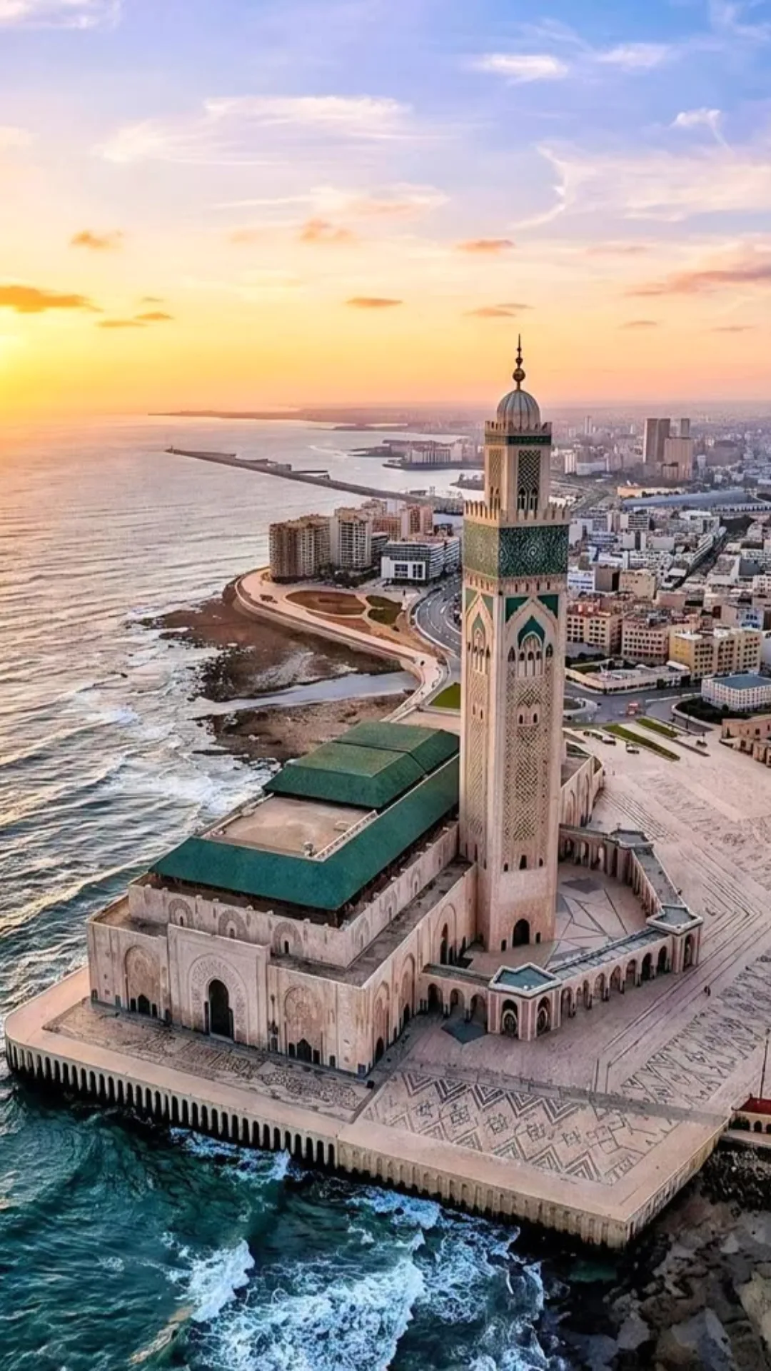 Aerial view of Hassan II Mosque on the Casablanca coastline