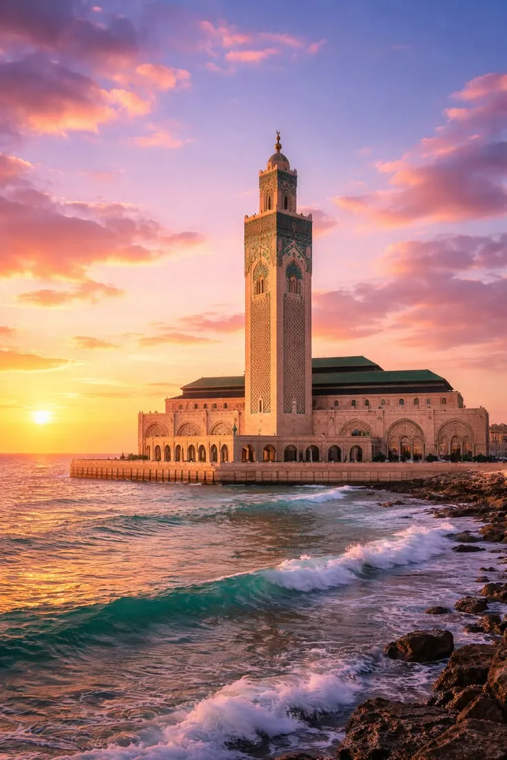 Hassan II Mosque minaret on the Atlantic coast at sunset, Casablanca