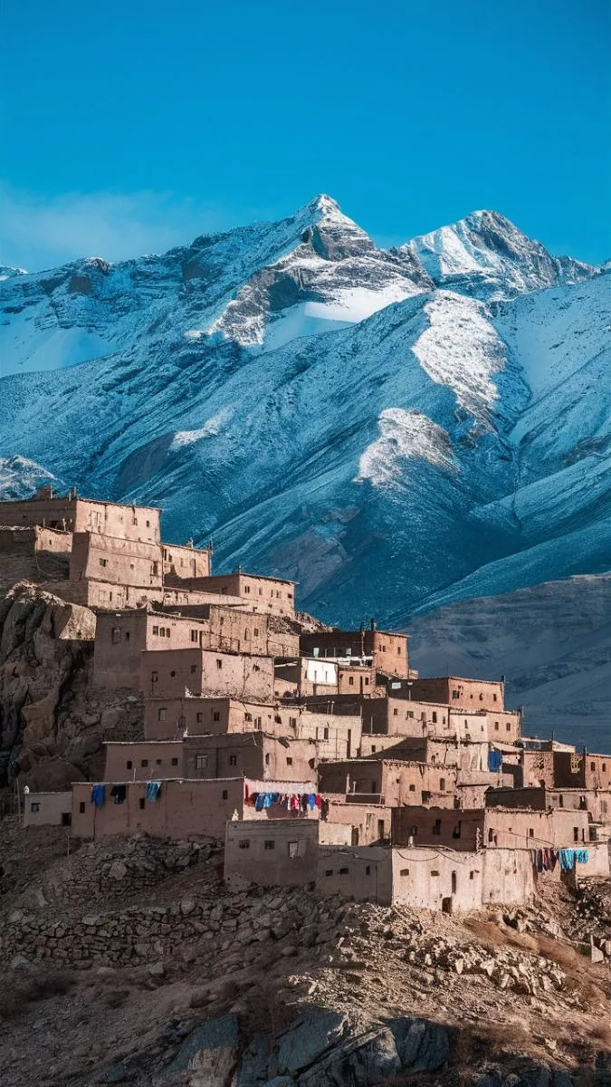 Berber village on a High Atlas hillside below snowy mountains