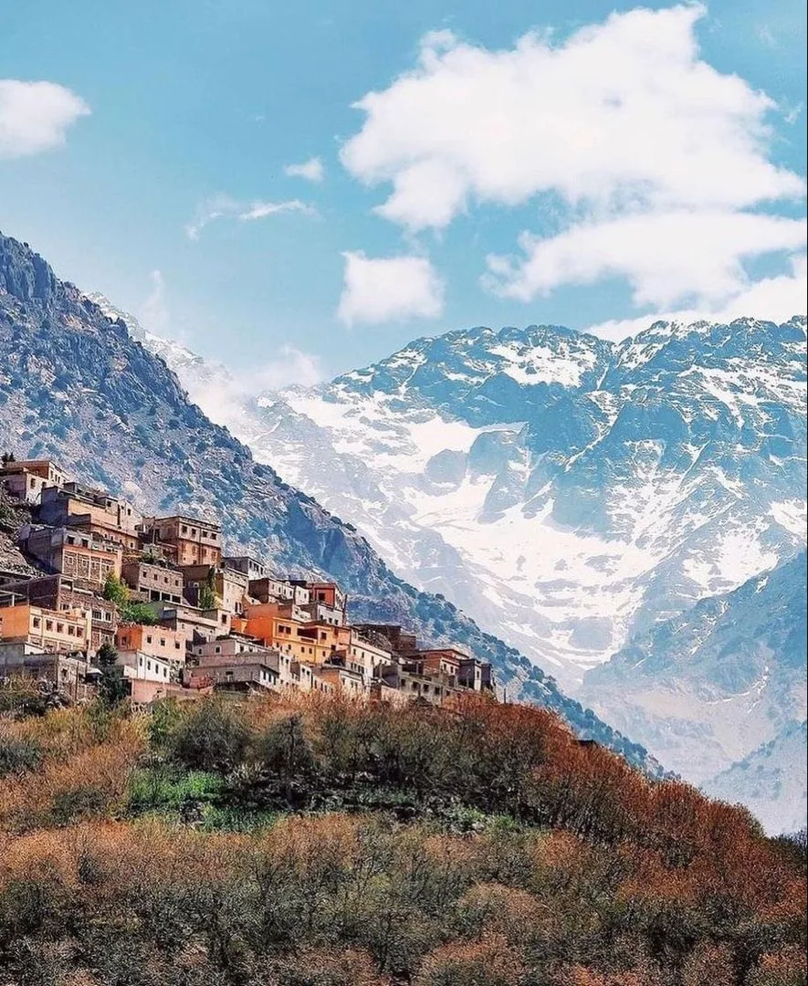 Mountain village in Imlil with snow-capped High Atlas peaks