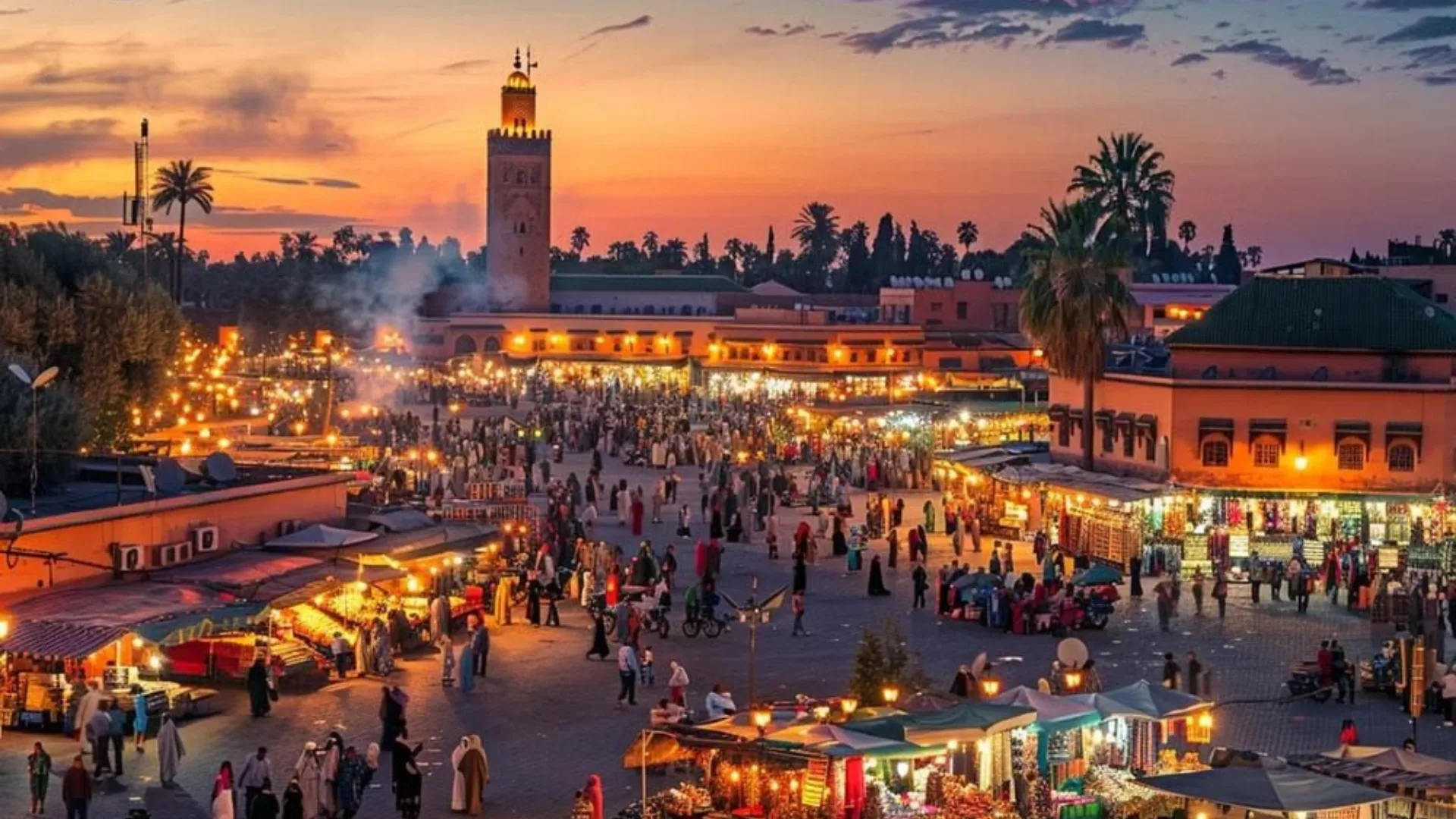 Jemaa el-Fna square at sunset with the Koutoubia minaret in the background