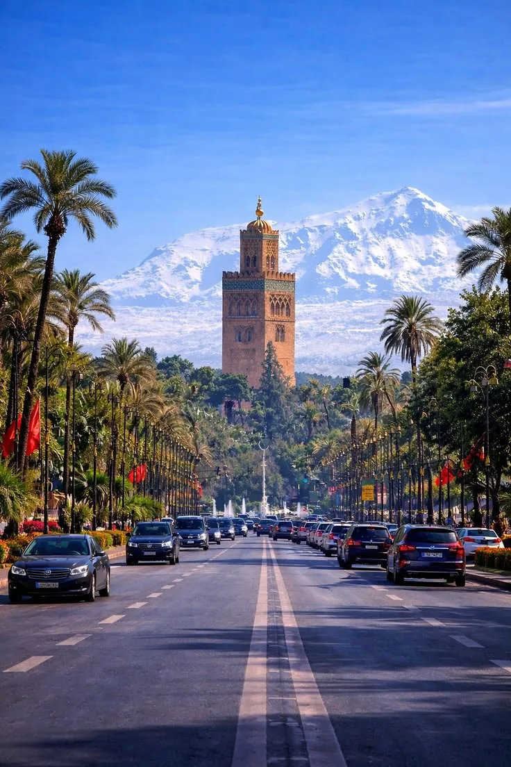 Koutoubia Mosque minaret rising above palm trees in Marrakech