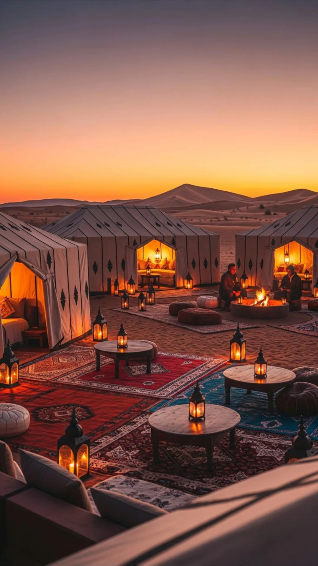 Luxury desert camp with lantern-lit private tents in Merzouga, Morocco