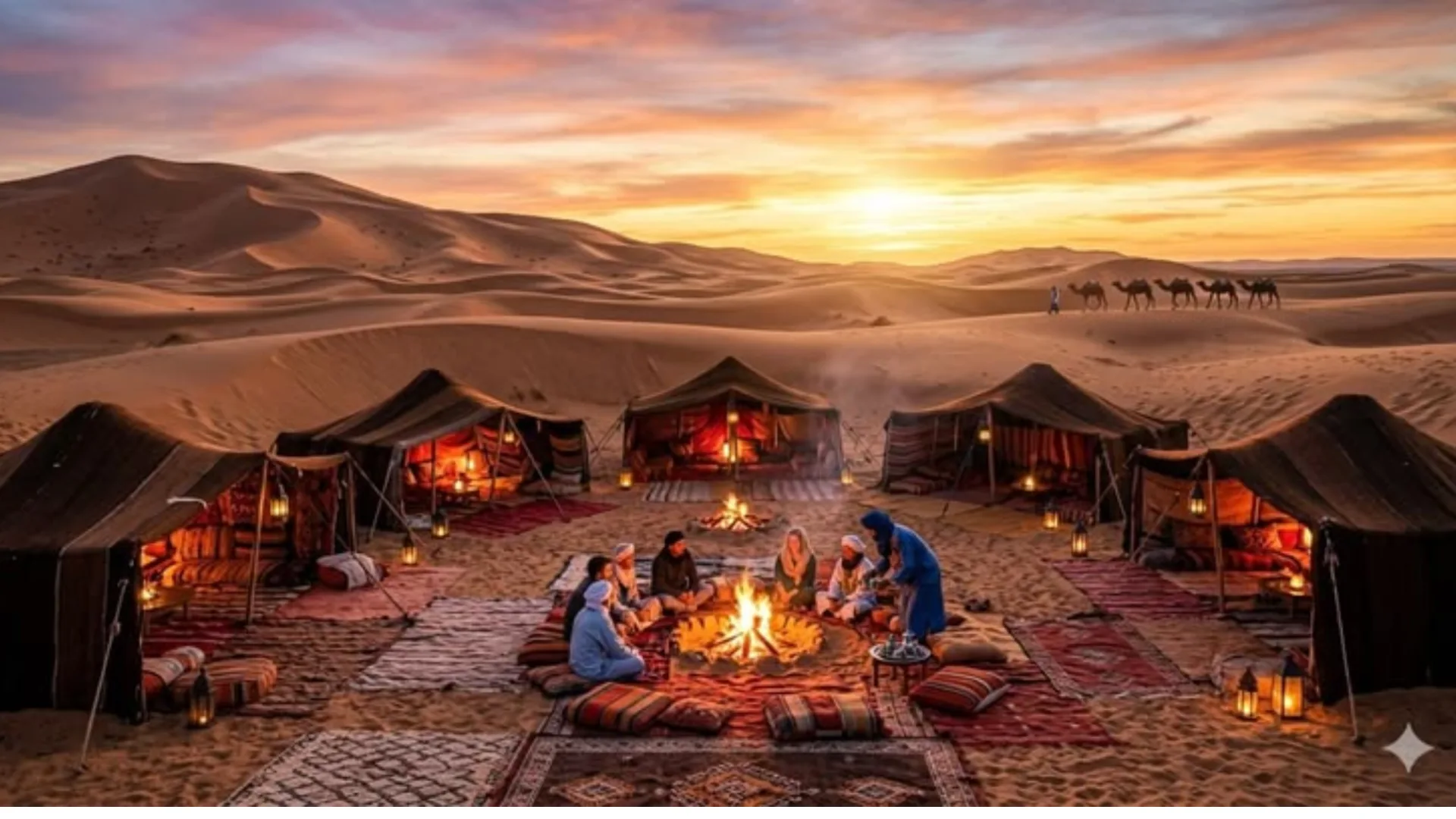 Luxury desert camp with traditional black tents and a campfire at dusk near Merzouga