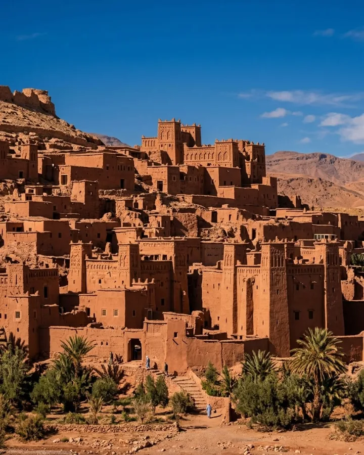 Mud-brick kasbah village stacked on a hillside in southern Morocco