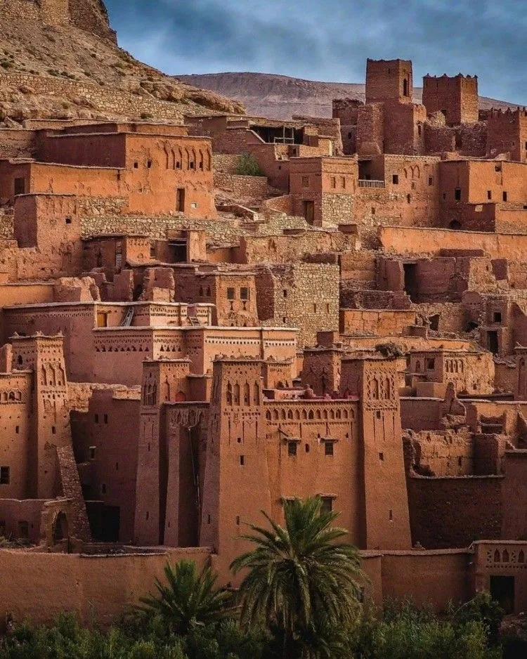 Red clay kasbah buildings near Ouarzazate, Morocco