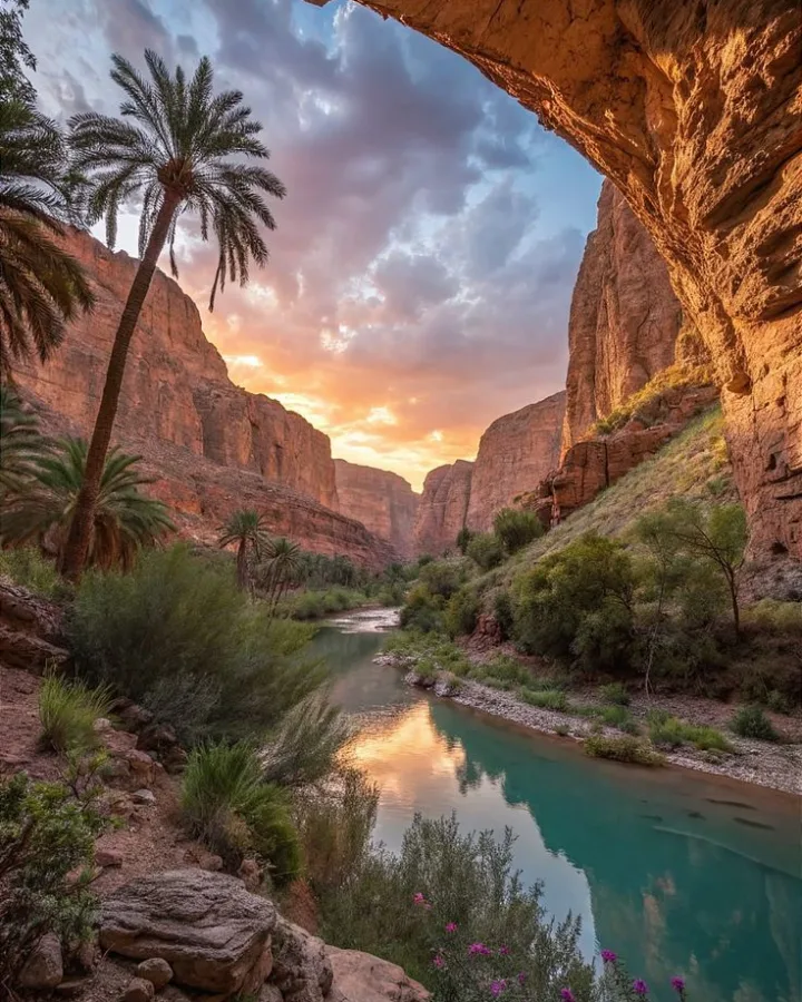 Palm oasis in a red rock canyon of the Ziz Valley at sunset, Morocco