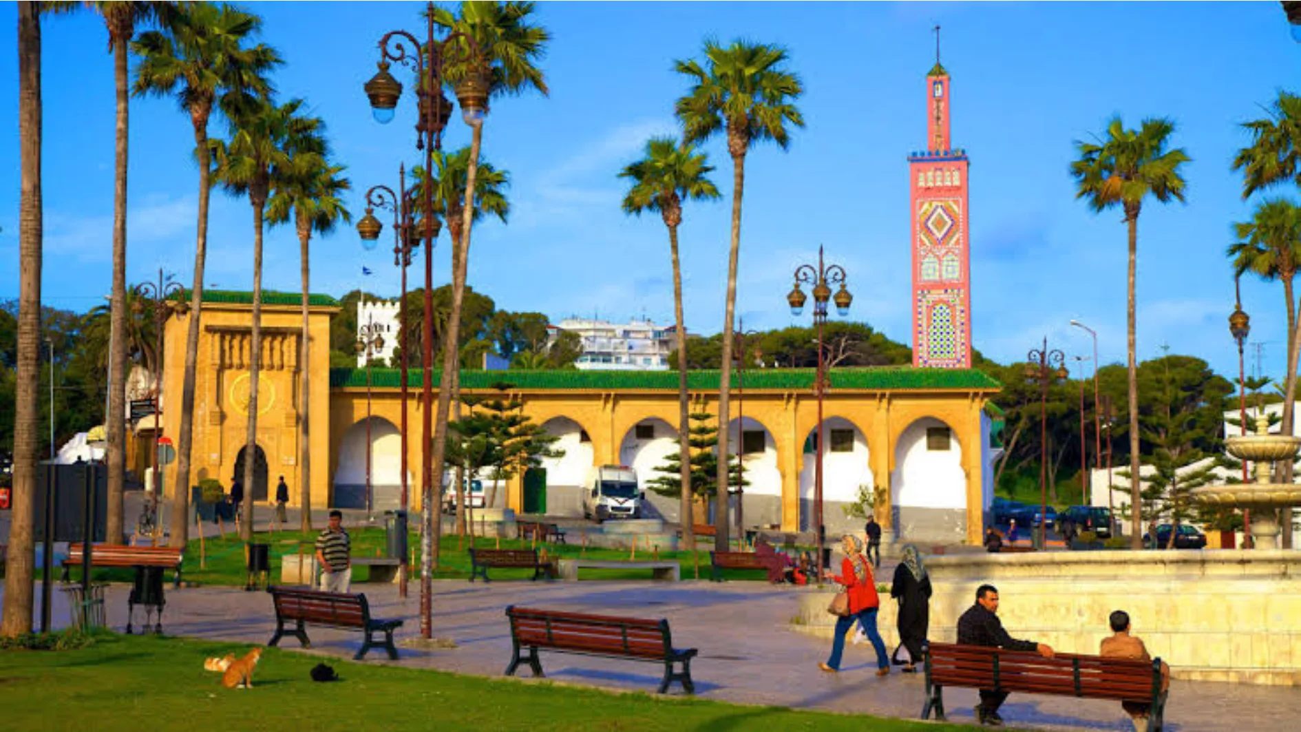 Palm-lined square with a yellow arcade and a tall tiled tower in Tangier
