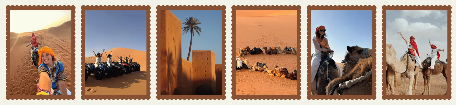 Postage-stamp style collage of Moroccan desert scenes with a palm, dunes and a camel rider