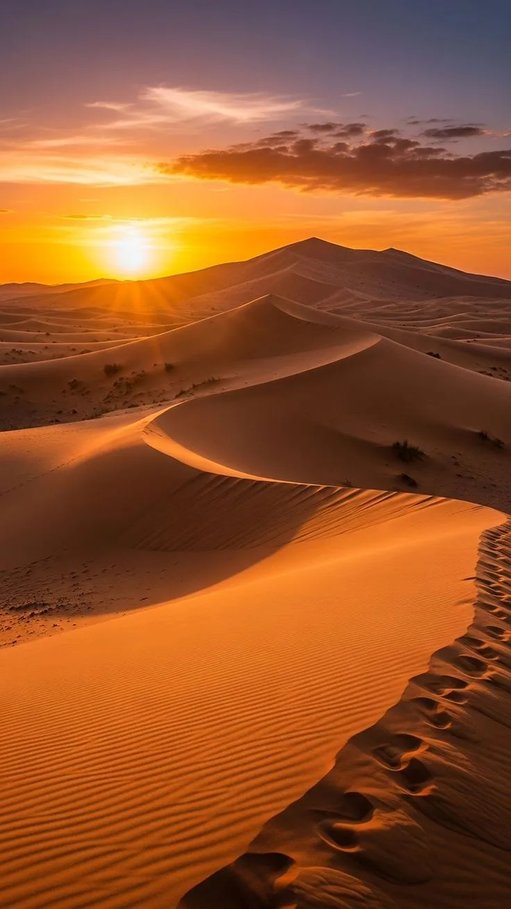 Golden Sahara sand dunes at sunset in Morocco