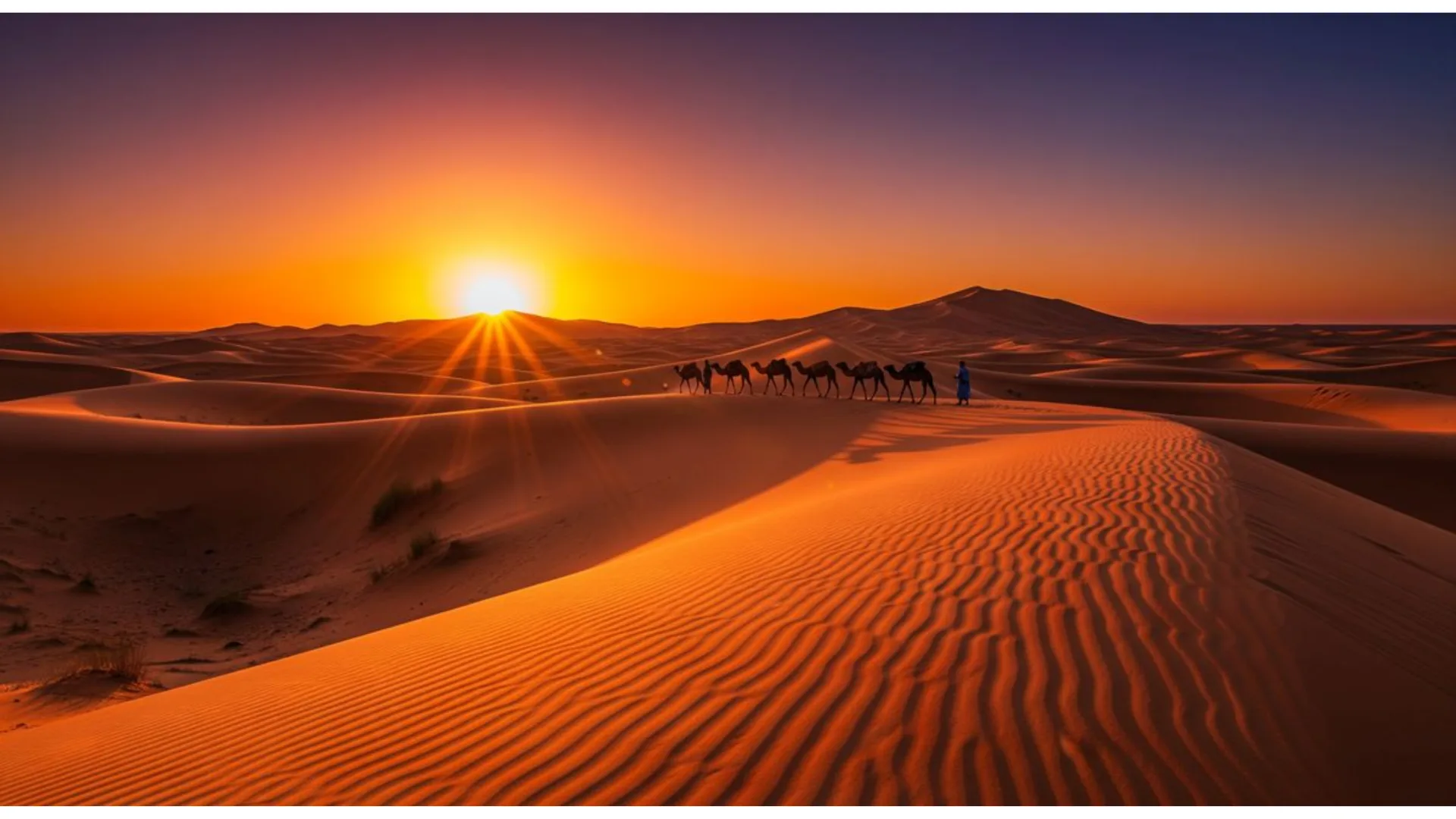 Sahara sand dunes at sunset near Merzouga with a camel caravan in the distance