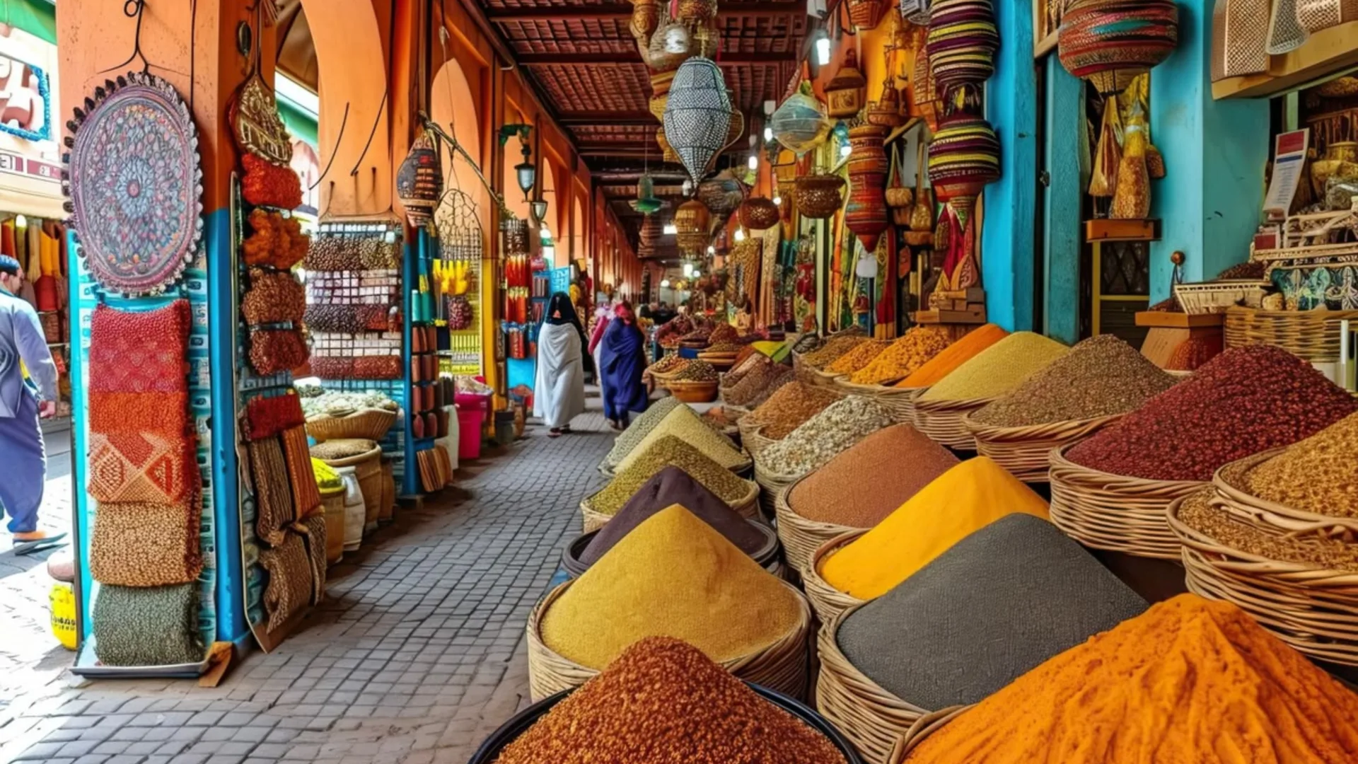 Spice stalls and colorful lanterns in the Marrakech souks