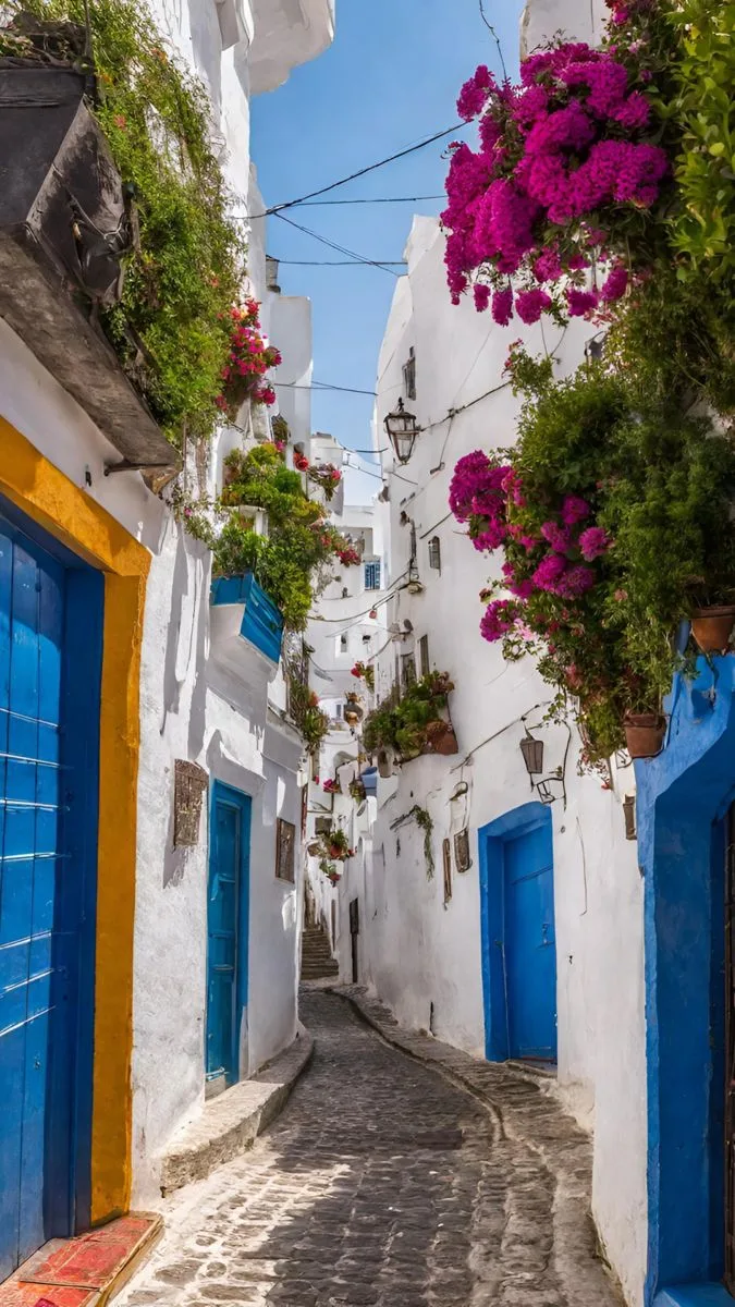 Whitewashed alley with blue doors and pink bougainvillea flowers in Tangier medina