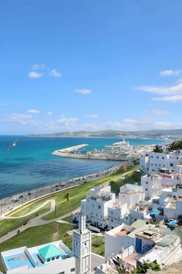 Tangier port and coastline on a sunny day seen from above